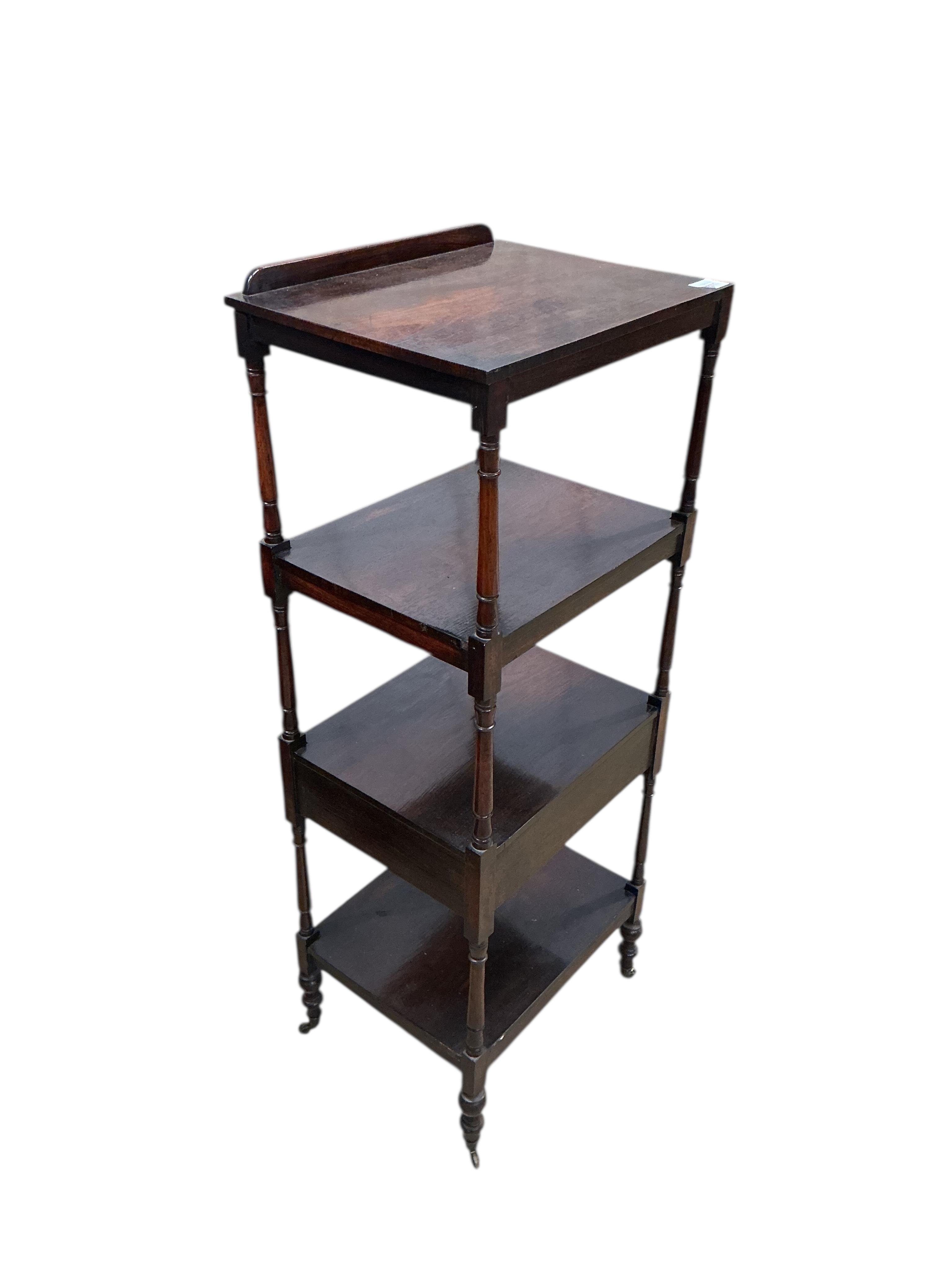 A Regency rosewood four tier whatnot with hinged ratchet top, width 46cm, depth 37cm, height 122cm